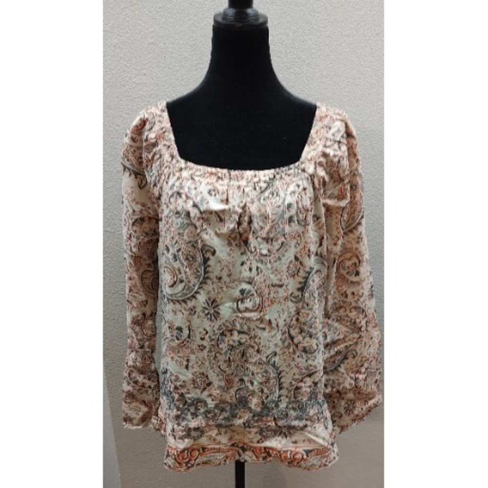 Esprit Vintage Long Sleeve Peasant Blouse Pink Beige Grey Floral Size 8 F4